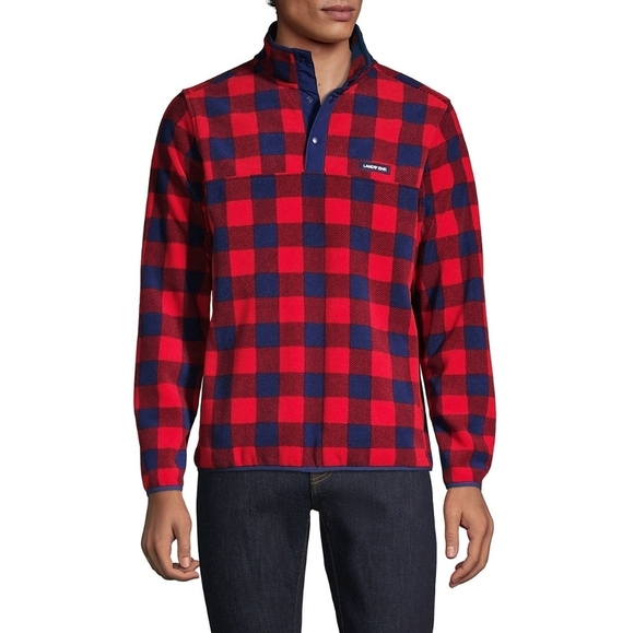 Lands End Heritage Fleece Snap Neck Pullover Red Navy Buffalo Checkers LARGE - Picture 1 of 7